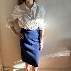 Vintage Navy Blue Tailored Wool Midi Skirt Handmade in Paris France in 1960s